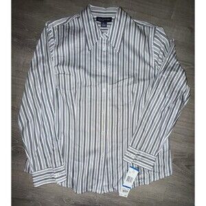 Jones New York Shirt Womens Extra Large Gray Black Striped Button Up Signature